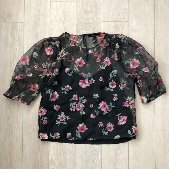 Forever 21 Floral Puff Sleeve Sheer Chiffon Top in Black Size S - Picture 1 of 9